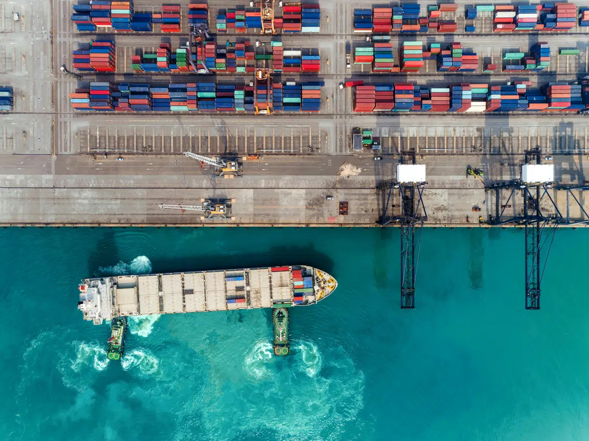 Aerial view of a vessel at a container terminal