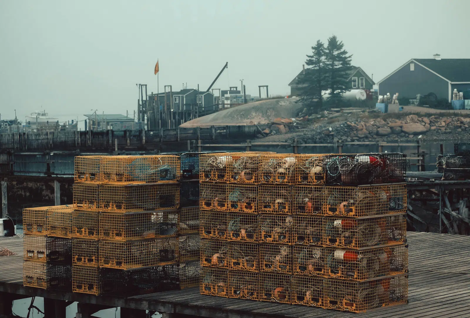 Lobster traps on a Canadian coastal wharf